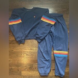 Aviator Nation Navy Blue 5-Stripe Crew Neck Sweatshirt & Sweatpants Small (Mens)